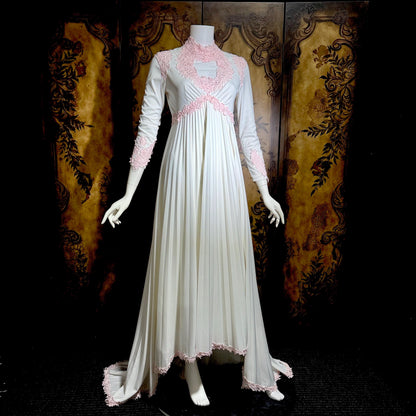 Vintage 1970s wedding dress gown, White pleated high neck jersey knit gown & train