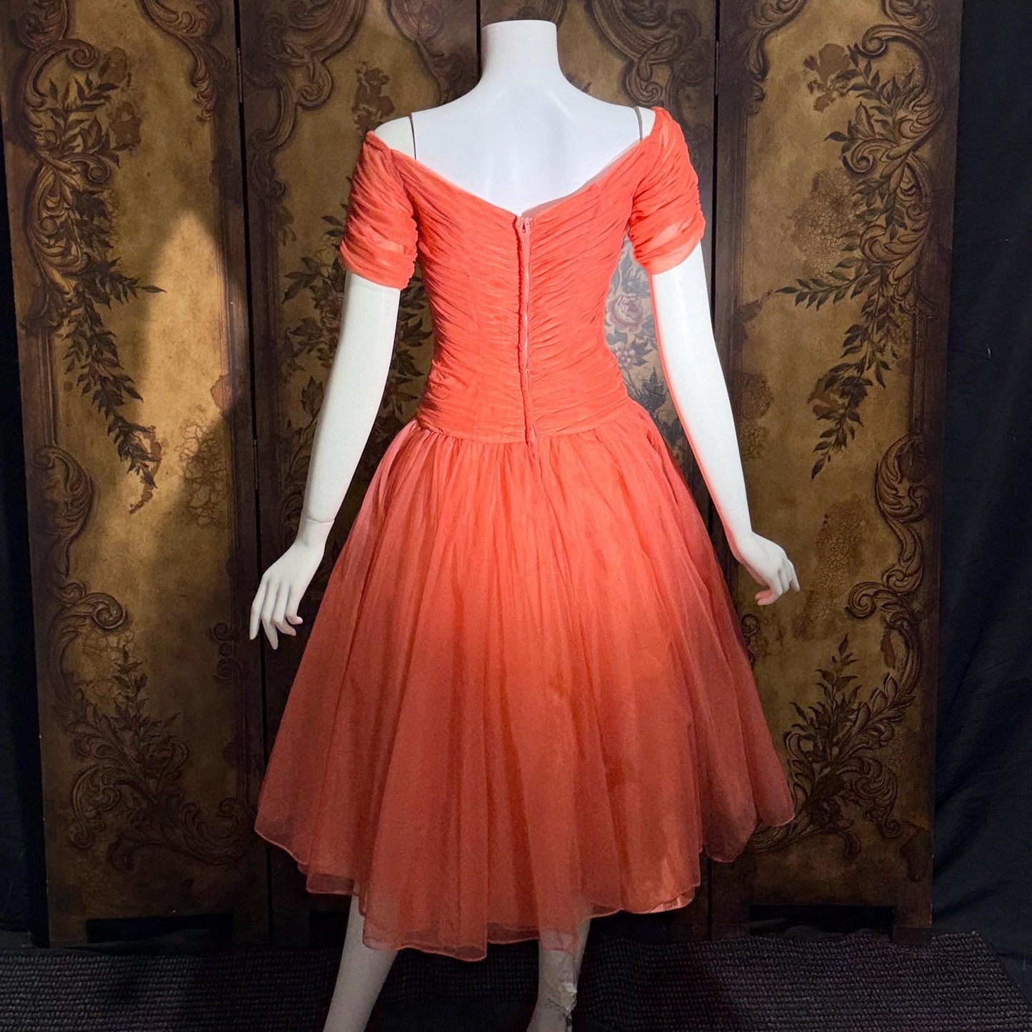 vintage 1950s party dress, MISS CANE burnt coral orange tulle cocktail dress