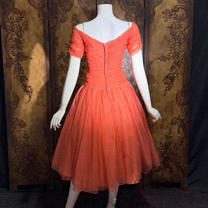 vintage 1950s party dress, MISS CANE burnt coral orange tulle cocktail dress