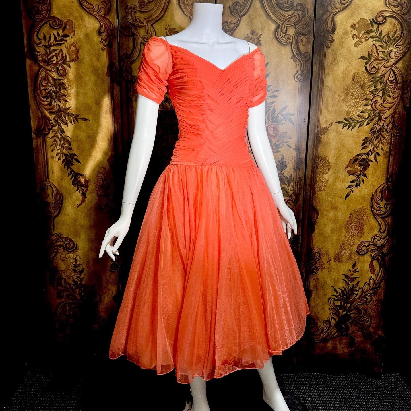 vintage 1950s party dress, MISS CANE burnt coral orange tulle cocktail dress