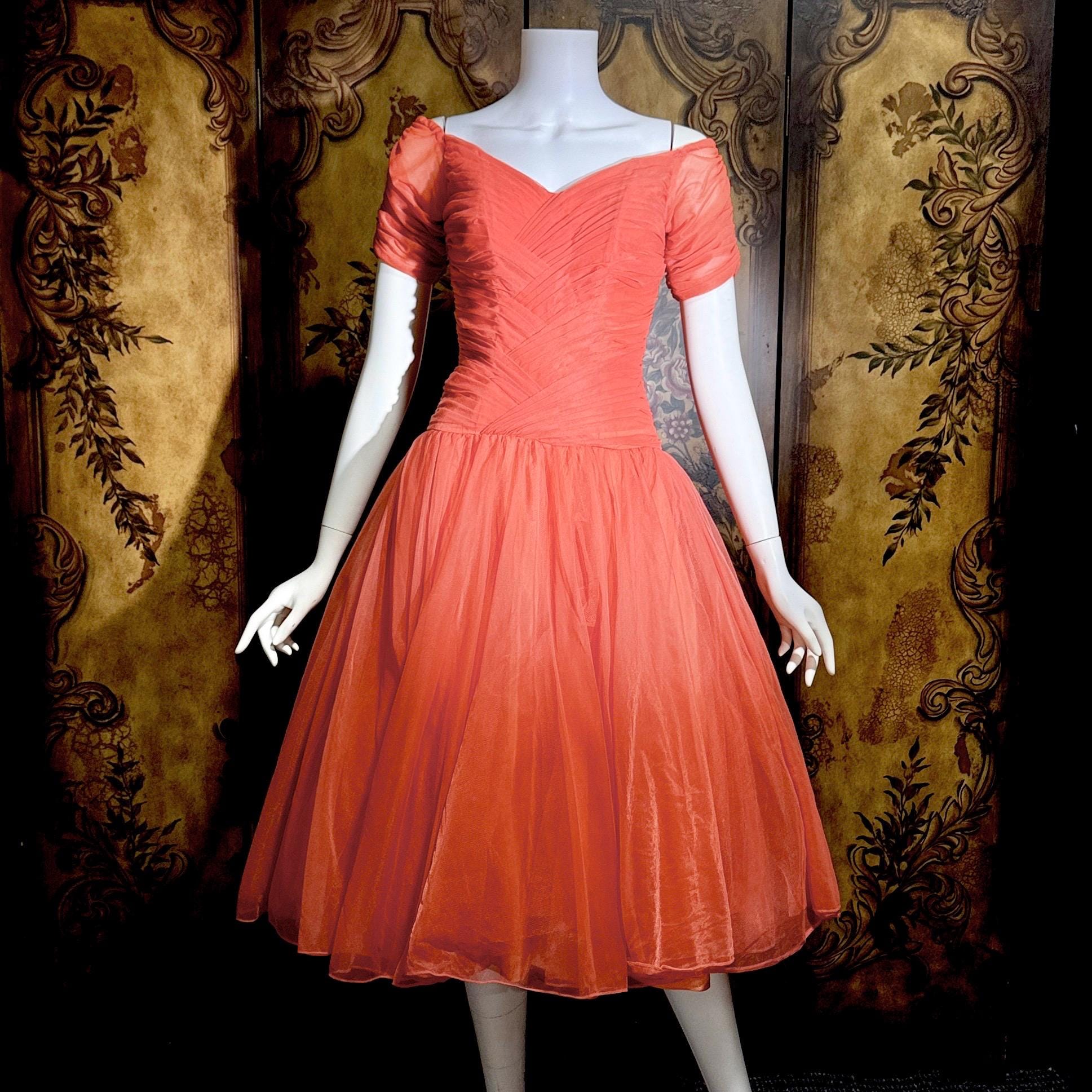 vintage 1950s party dress, MISS CANE burnt coral orange tulle cocktail dress