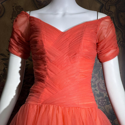 vintage 1950s party dress, MISS CANE burnt coral orange tulle cocktail dress