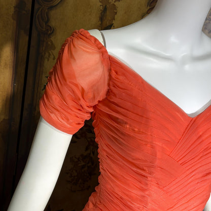 vintage 1950s party dress, MISS CANE burnt coral orange tulle cocktail dress