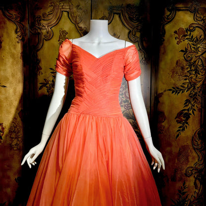 vintage 1950s party dress, MISS CANE burnt coral orange tulle cocktail dress