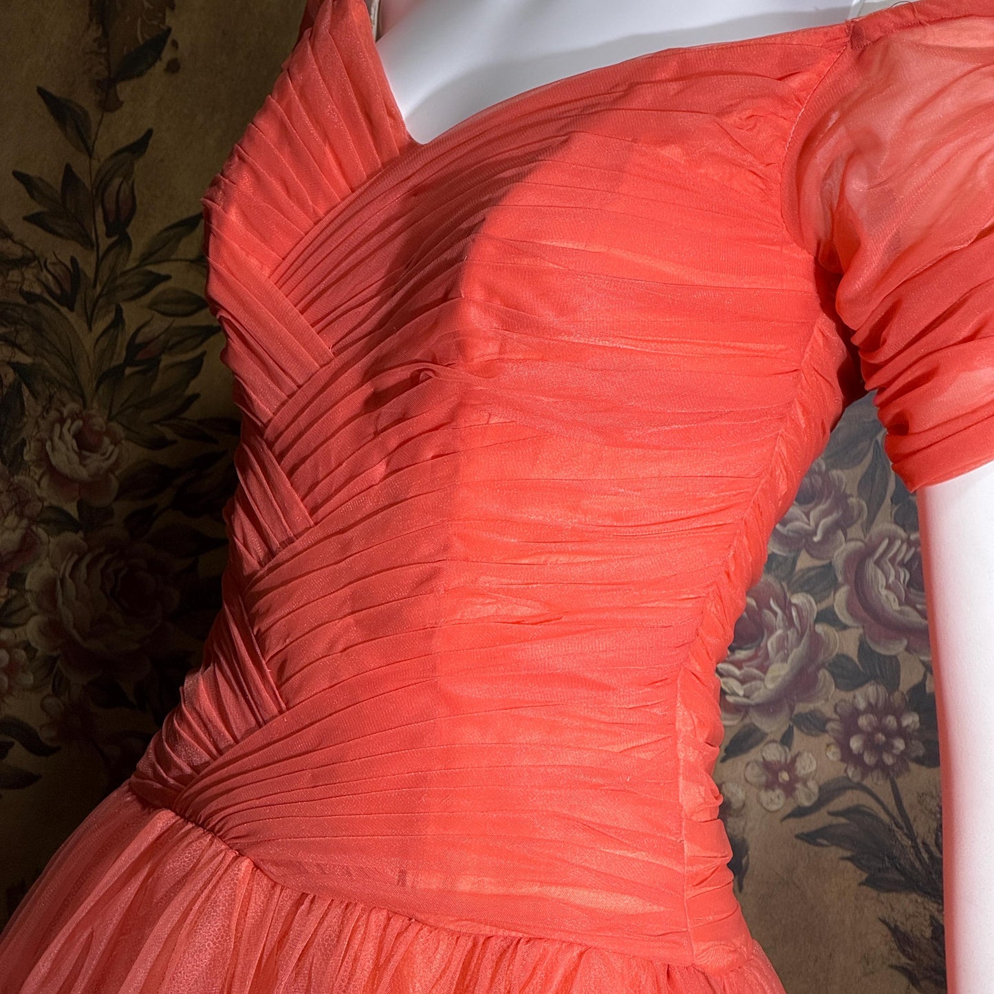 vintage 1950s party dress, MISS CANE burnt coral orange tulle cocktail dress