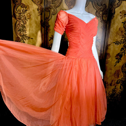 vintage 1950s party dress, MISS CANE burnt coral orange tulle cocktail dress