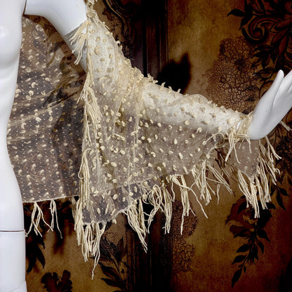 Victorian Edwardian fringed shawl scarf, 1900s Creamy White net and yarn Shoulder Evening Wrap