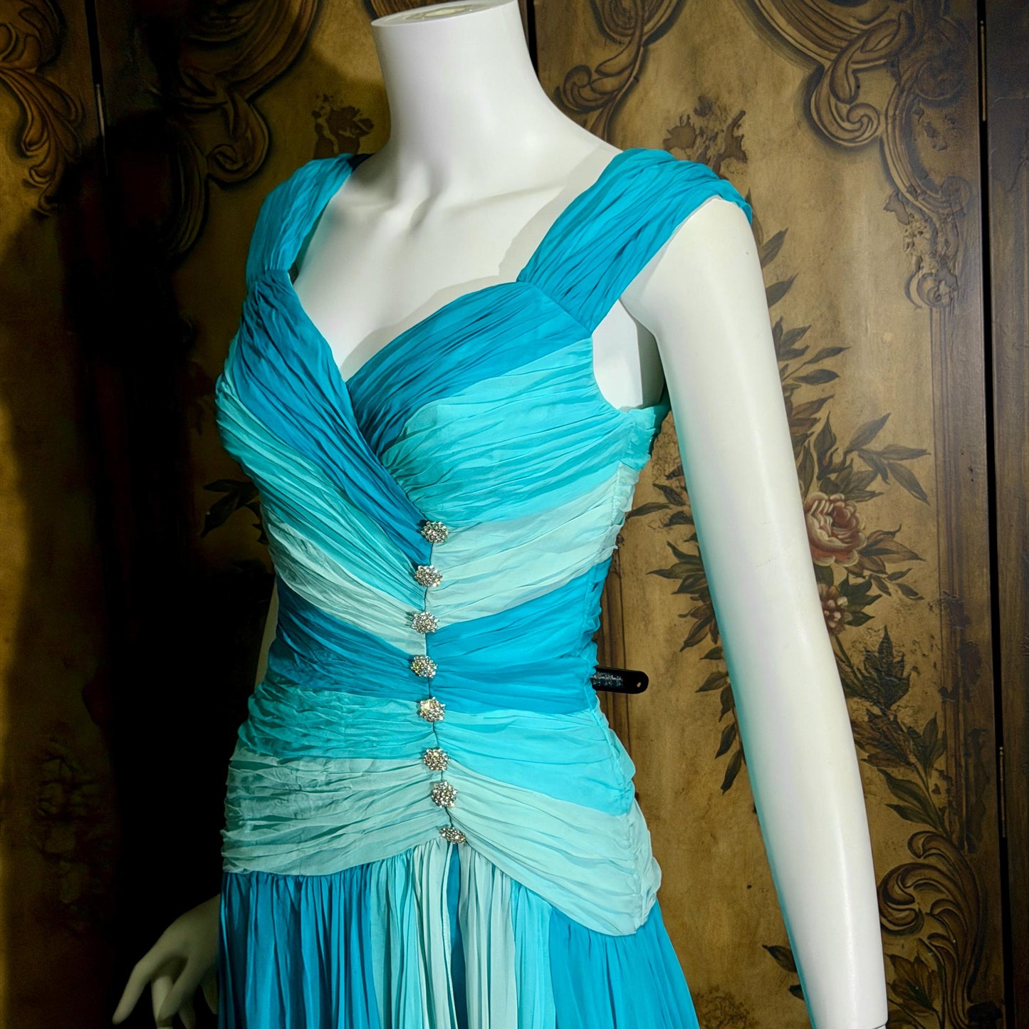 vintage MIGNON evening dress, 1980s SAKS Turquoise Blue ruched Grecian Goddess Gown