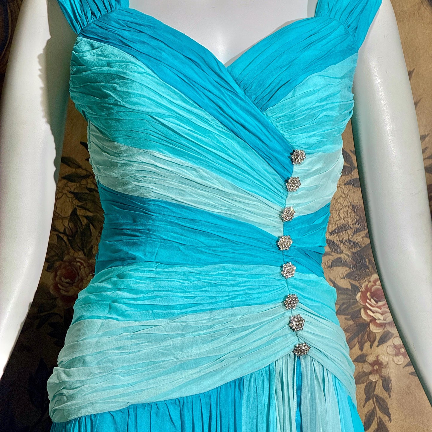 vintage MIGNON evening dress, 1980s SAKS Turquoise Blue ruched Grecian Goddess Gown