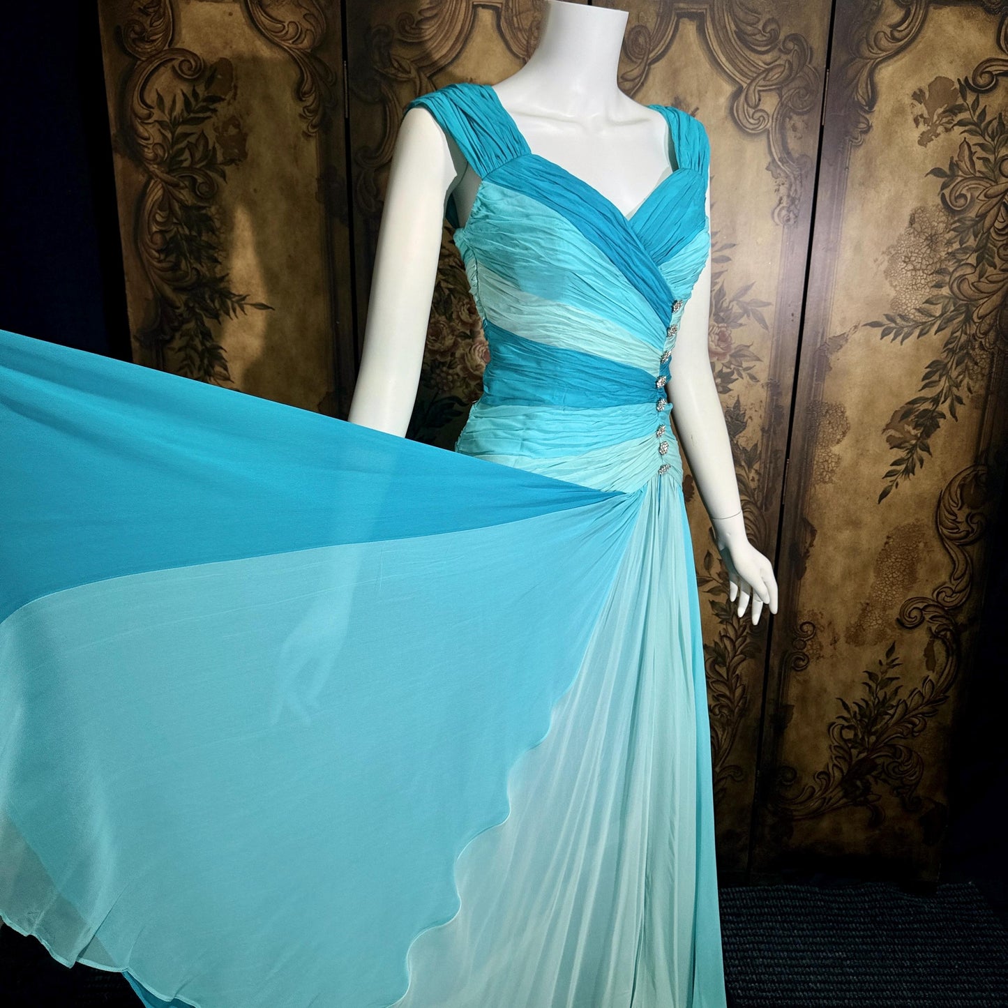 vintage MIGNON evening dress, 1980s SAKS Turquoise Blue ruched Grecian Goddess Gown