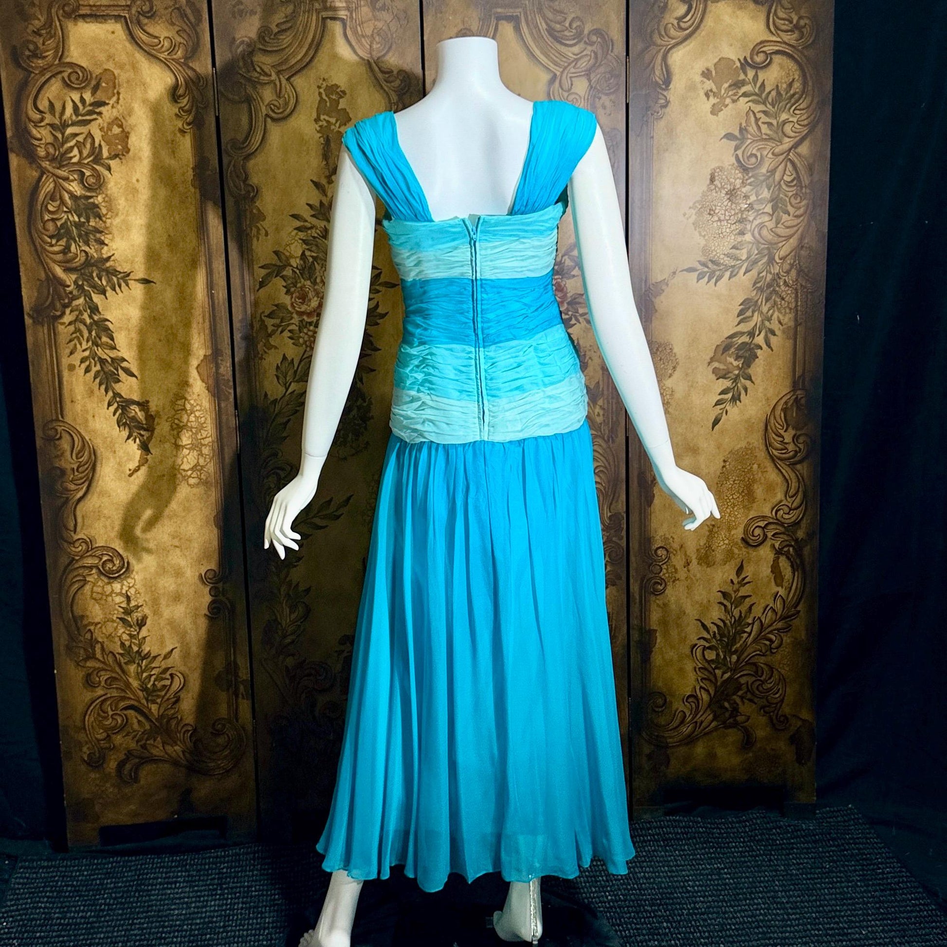vintage MIGNON evening dress, 1980s SAKS Turquoise Blue ruched Grecian Goddess Gown