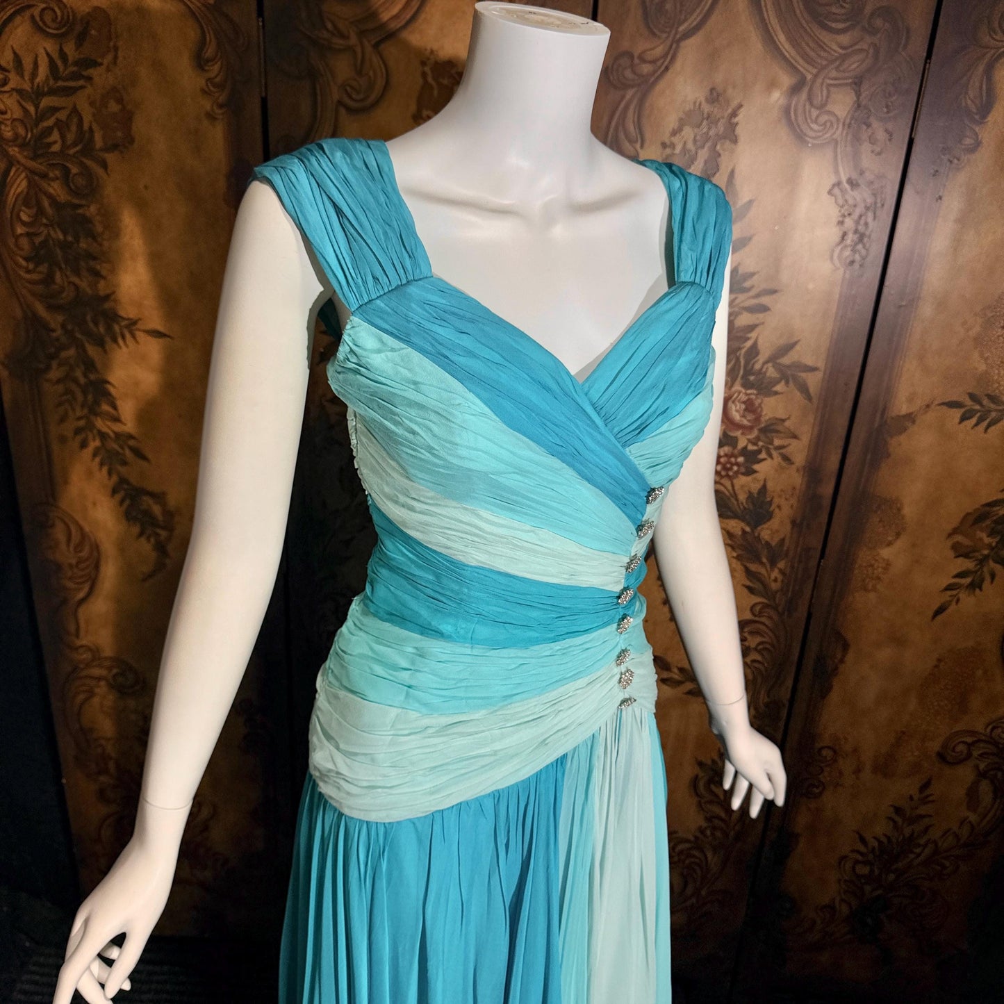 vintage MIGNON evening dress, 1980s SAKS Turquoise Blue ruched Grecian Goddess Gown