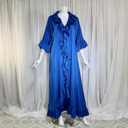 Vintage LUCIE ANN BEVERLY Hills Dressing gown robe, 1960s Blue ruffle lounging gown