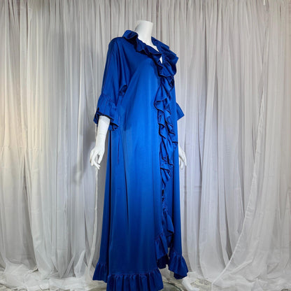 Vintage LUCIE ANN BEVERLY Hills Dressing gown robe, 1960s Blue ruffle lounging gown