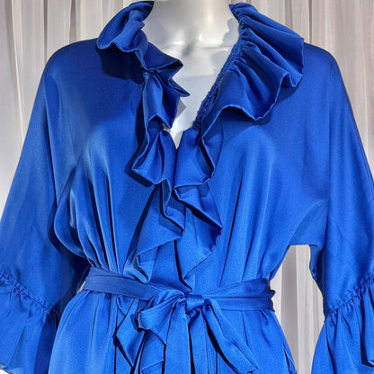 Vintage LUCIE ANN BEVERLY Hills Dressing gown robe, 1960s Blue ruffle lounging gown