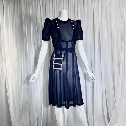 Vintage 1930s Mesh Day Dress, Midnight Blue Sunday Stroll Sheer dress