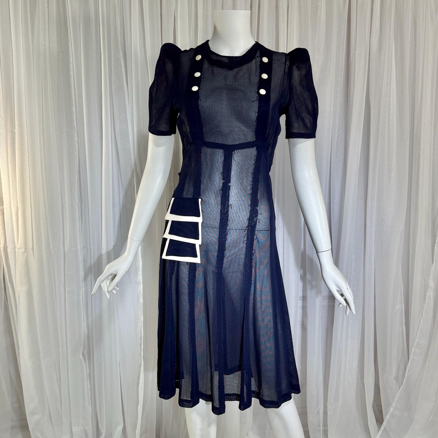 Vintage 1930s Mesh Day Dress, Midnight Blue Sunday Stroll Sheer dress