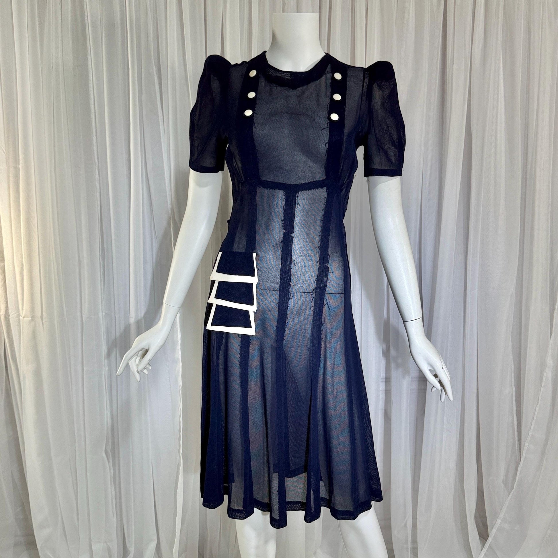 Vintage 1930s Mesh Day Dress, Midnight Blue Sunday Stroll Sheer dress