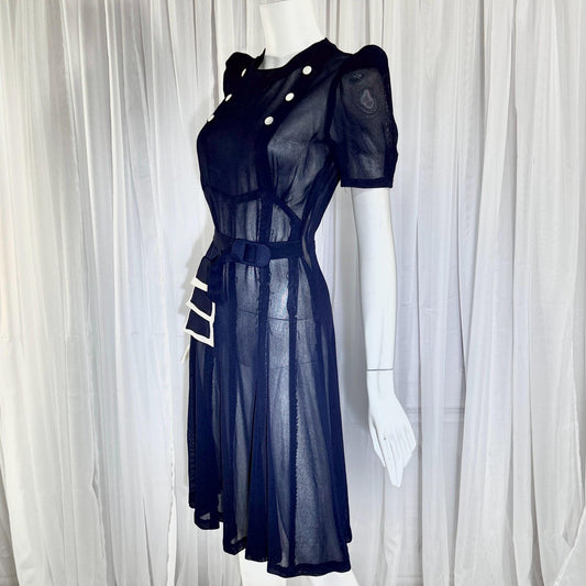 Vintage 1930s Mesh Day Dress, Midnight Blue Sunday Stroll Sheer dress