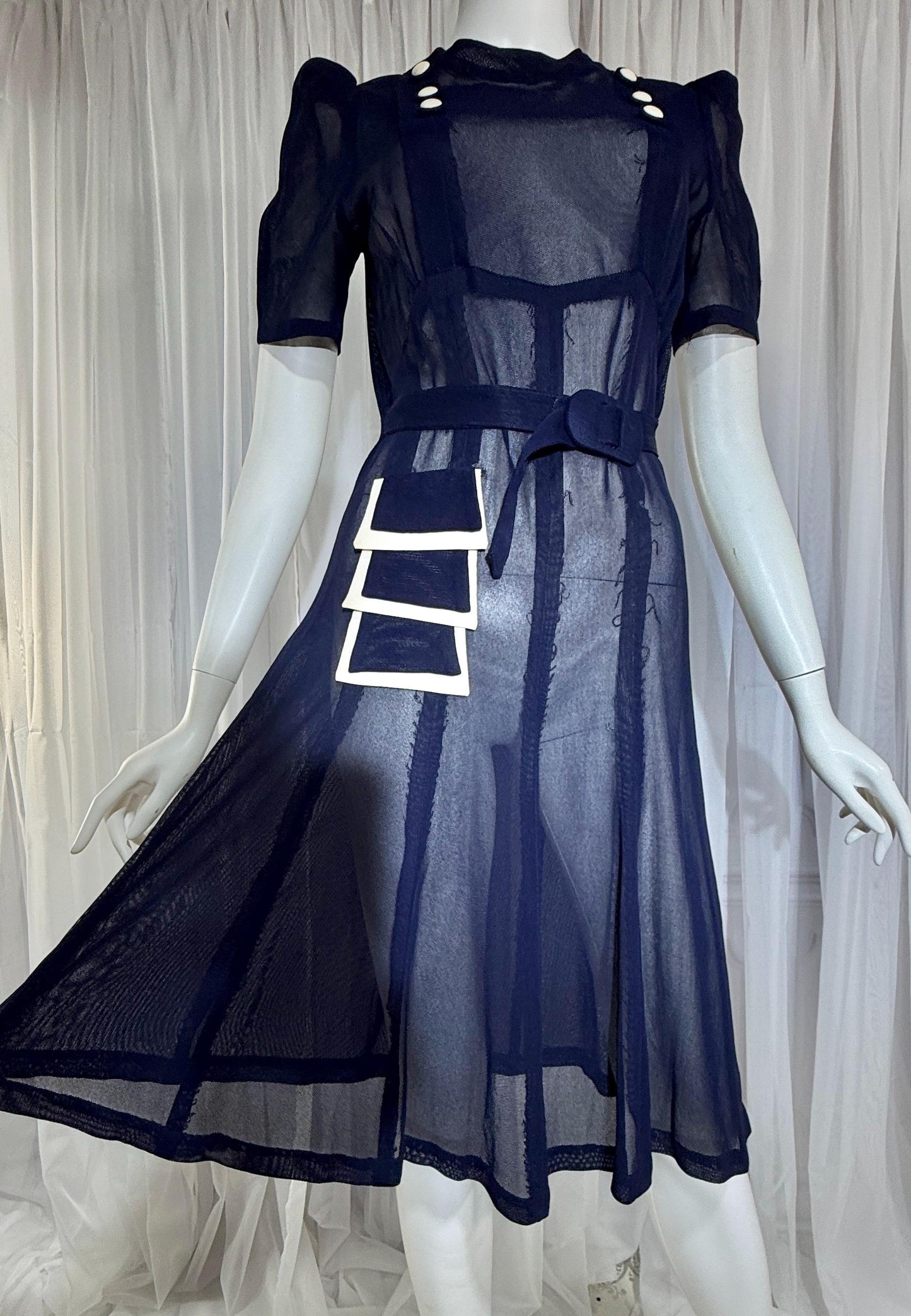 Vintage 1930s Mesh Day Dress, Midnight Blue Sunday Stroll Sheer dress