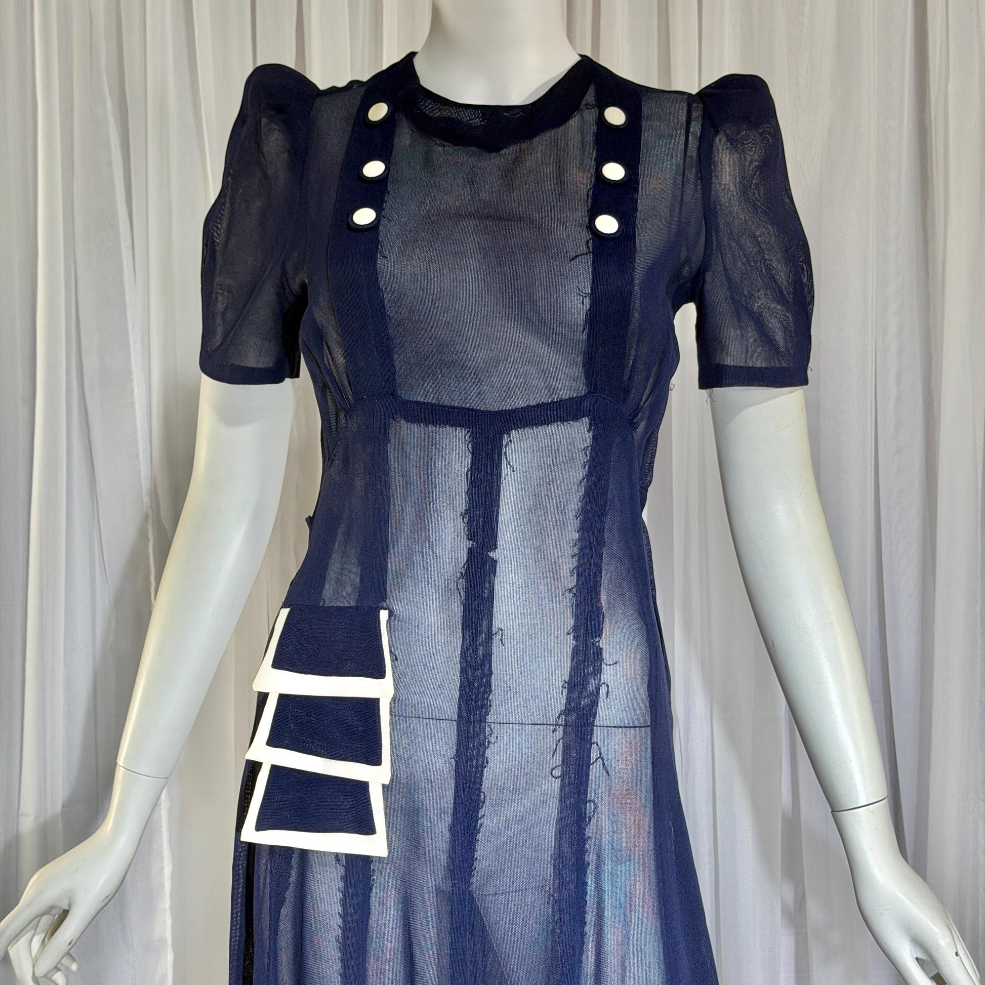 Vintage 1930s Mesh Day Dress, Midnight Blue Sunday Stroll Sheer dress