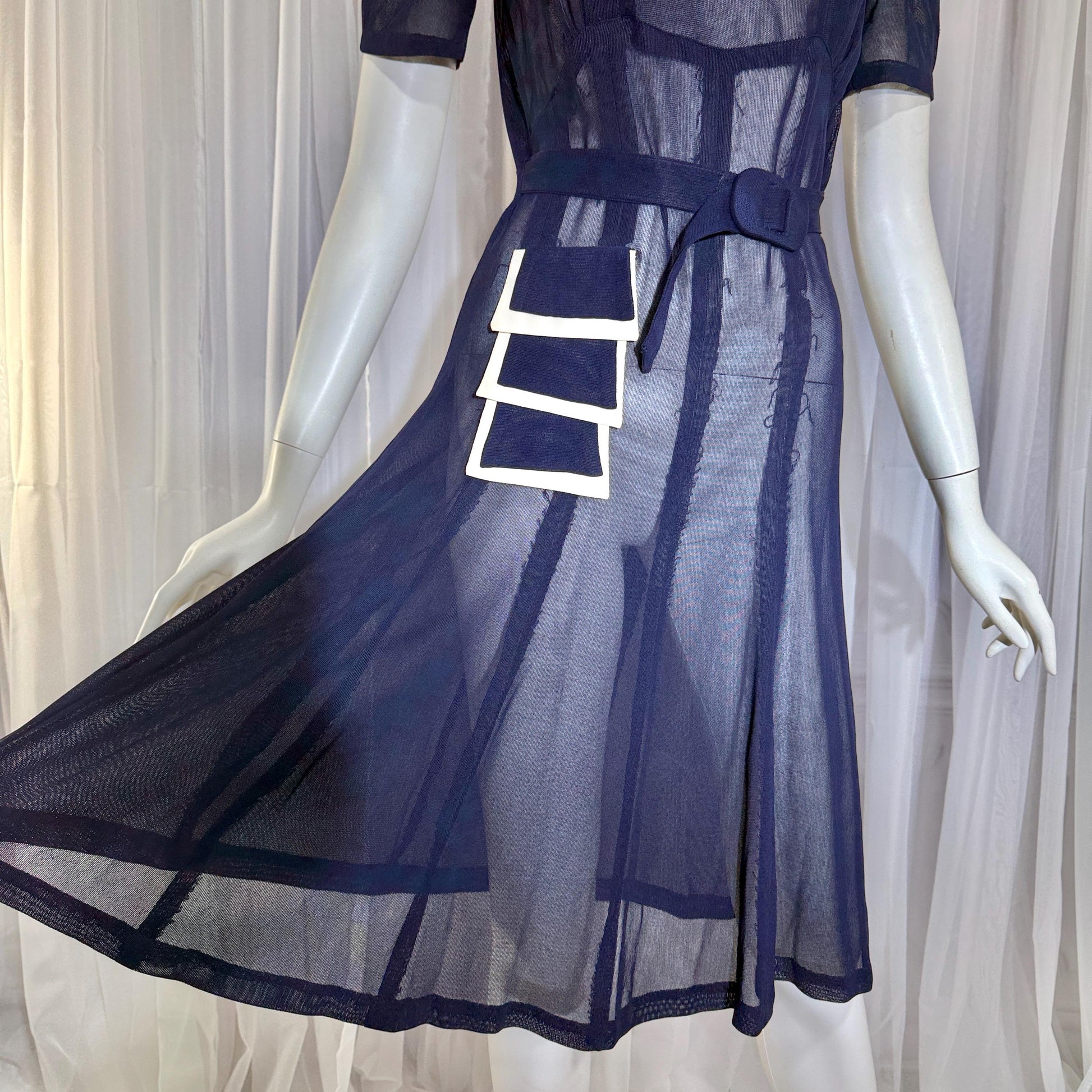 Vintage 1930s Mesh Day Dress, Midnight Blue Sunday Stroll Sheer dress