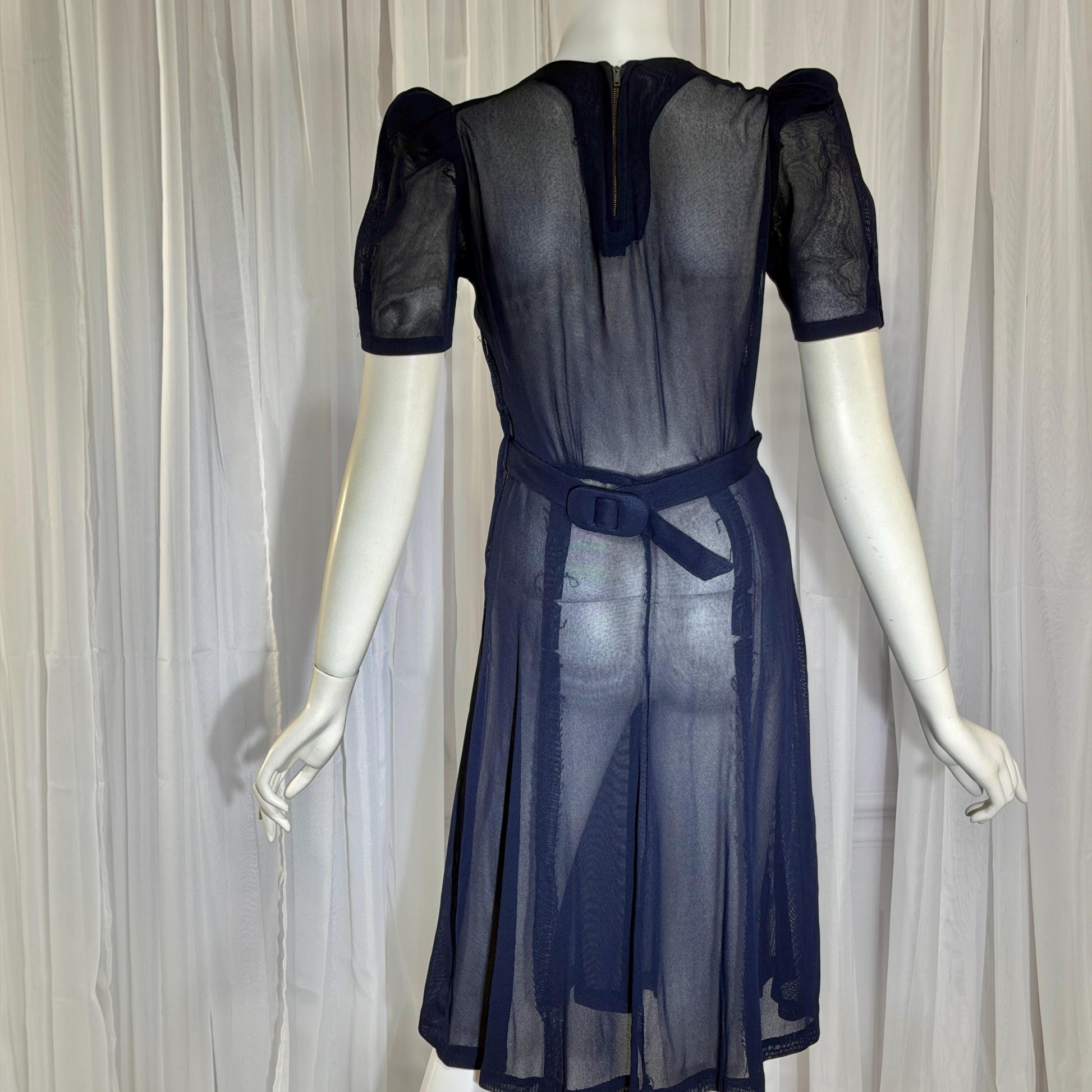 Vintage 1930s Mesh Day Dress, Midnight Blue Sunday Stroll Sheer dress