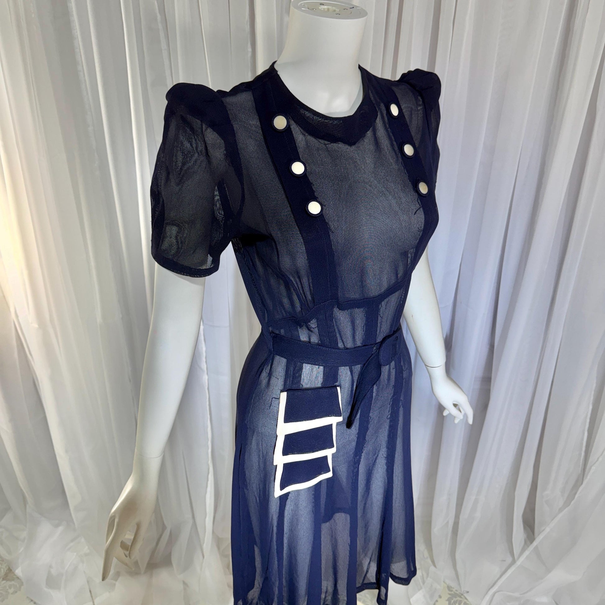 Vintage 1930s Mesh Day Dress, Midnight Blue Sunday Stroll Sheer dress