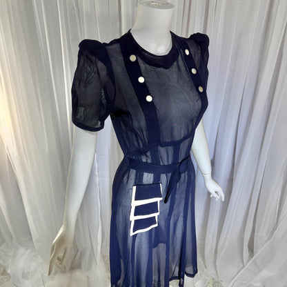 Vintage 1930s Mesh Day Dress, Midnight Blue Sunday Stroll Sheer dress