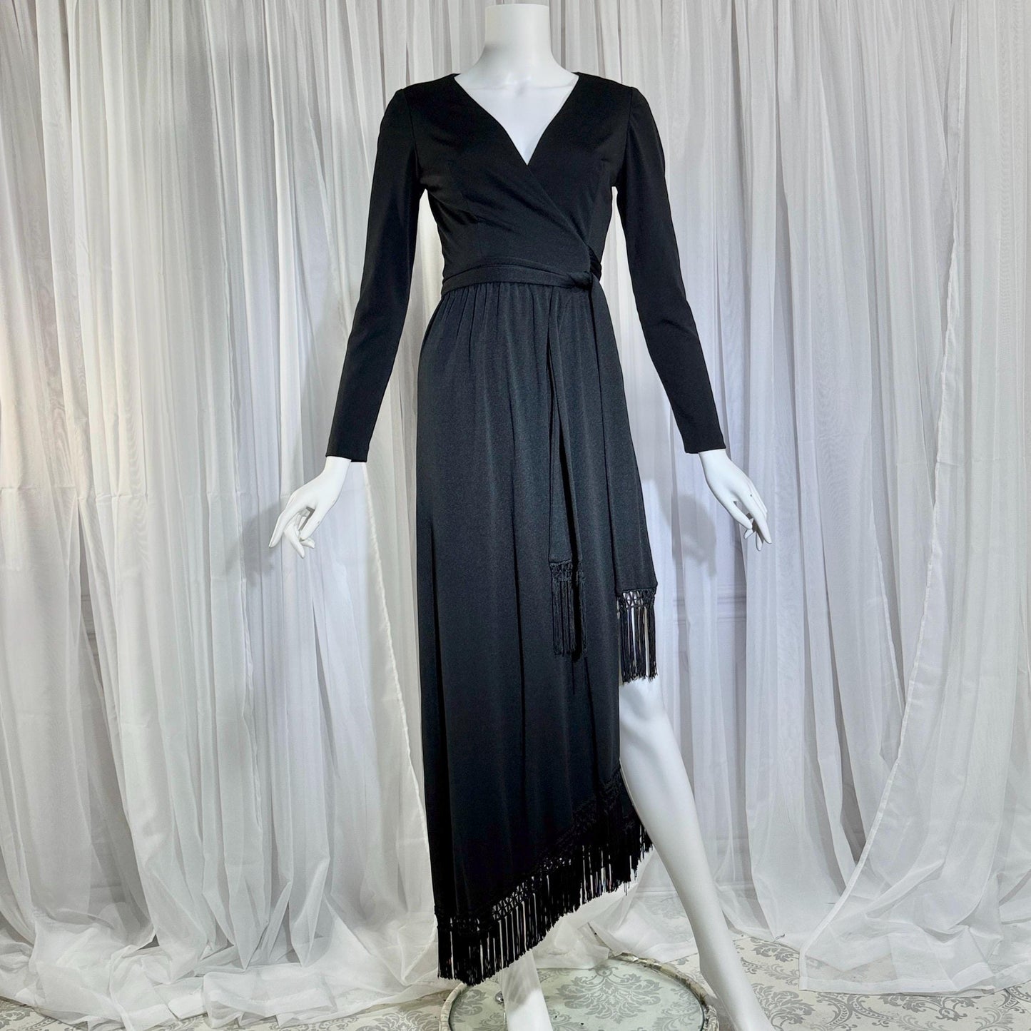 vintage 1970s MISS ELLIETTE evening dress, black jersey knit wrap dress with fringe Medium