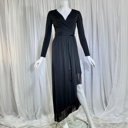 vintage 1970s MISS ELLIETTE evening dress, black jersey knit wrap dress with fringe Medium