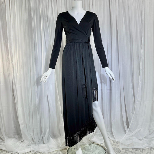 vintage 1970s MISS ELLIETTE evening dress, black jersey knit wrap dress with fringe Medium