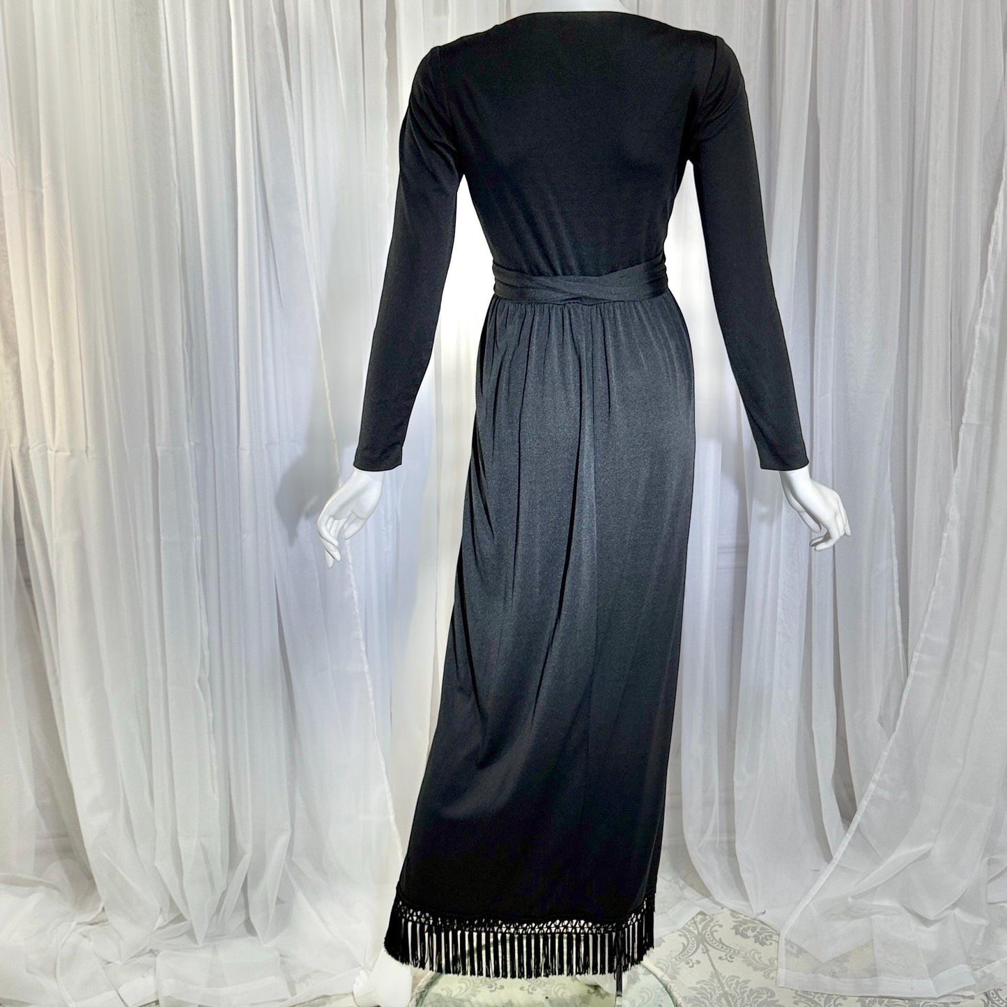 vintage 1970s MISS ELLIETTE evening dress, black jersey knit wrap dress with fringe Medium