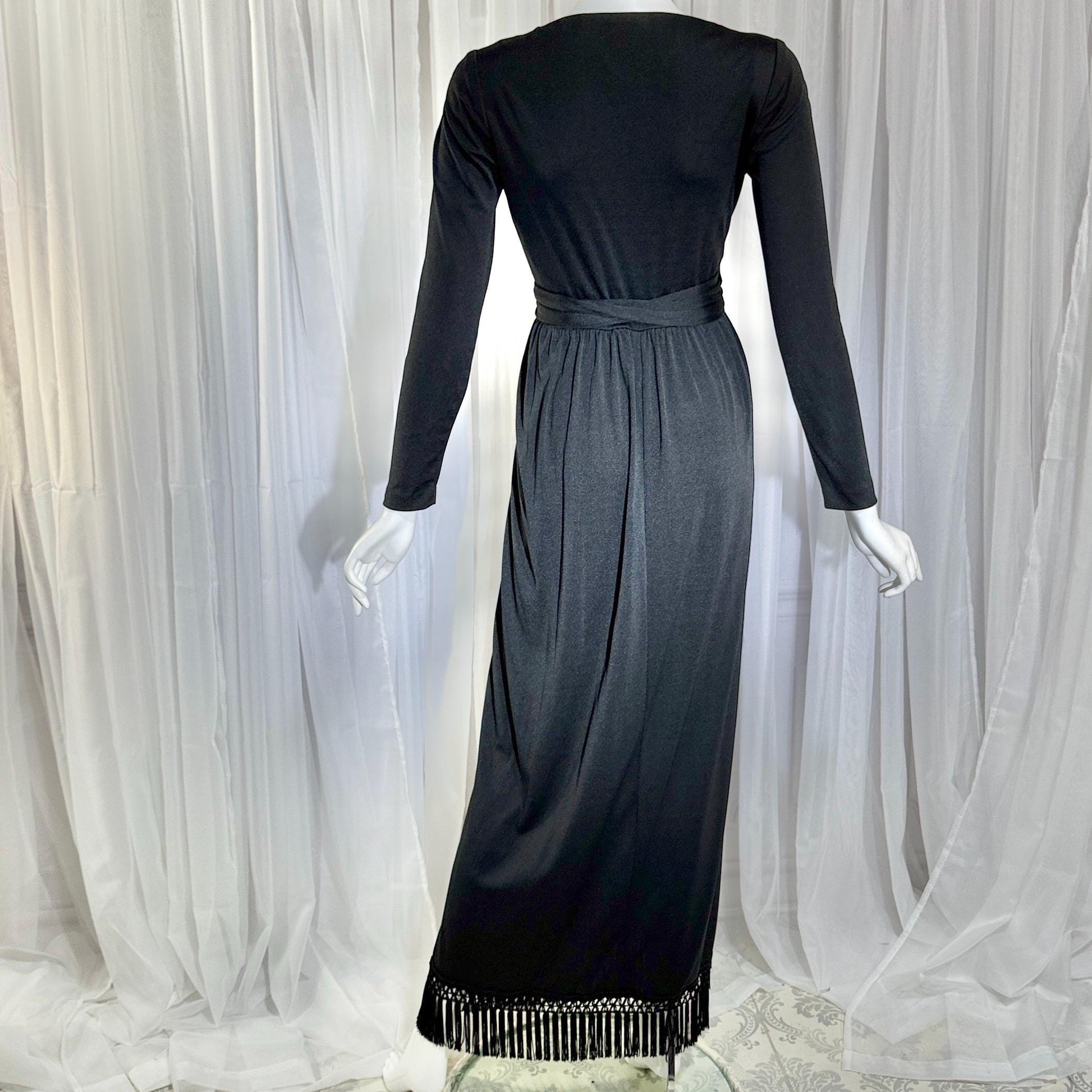 vintage 1970s MISS ELLIETTE evening dress, black jersey knit wrap dress with fringe Medium