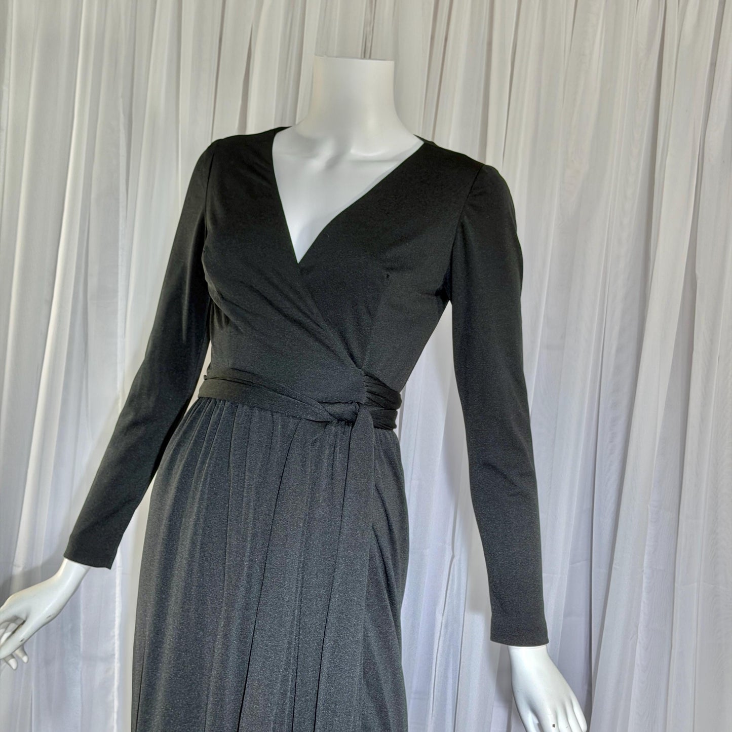 vintage 1970s MISS ELLIETTE evening dress, black jersey knit wrap dress with fringe Medium