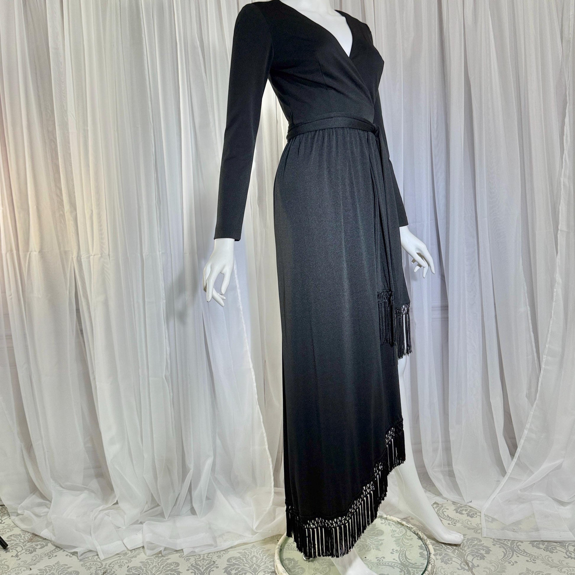 vintage 1970s MISS ELLIETTE evening dress, black jersey knit wrap dress with fringe Medium
