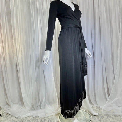 vintage 1970s MISS ELLIETTE evening dress, black jersey knit wrap dress with fringe Medium