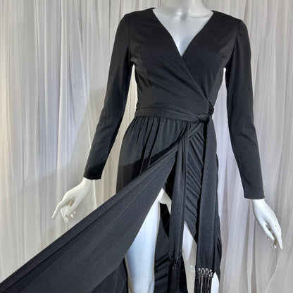 vintage 1970s MISS ELLIETTE evening dress, black jersey knit wrap dress with fringe Medium