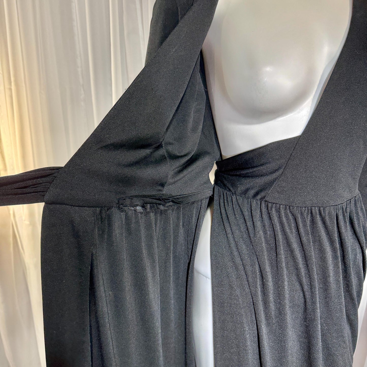 vintage 1970s MISS ELLIETTE evening dress, black jersey knit wrap dress with fringe Medium