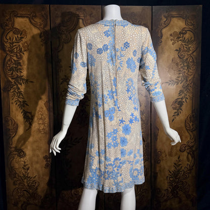 vintage Y2K AVERARDO BESSI Shift Dress, Blue silk abstract floral casual day work dress Medium