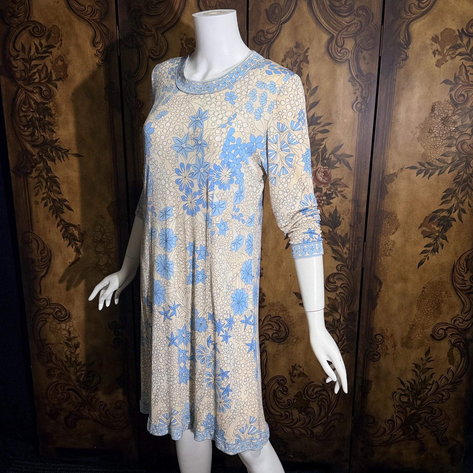 vintage Y2K AVERARDO BESSI Shift Dress, Blue silk abstract floral casual day work dress Medium