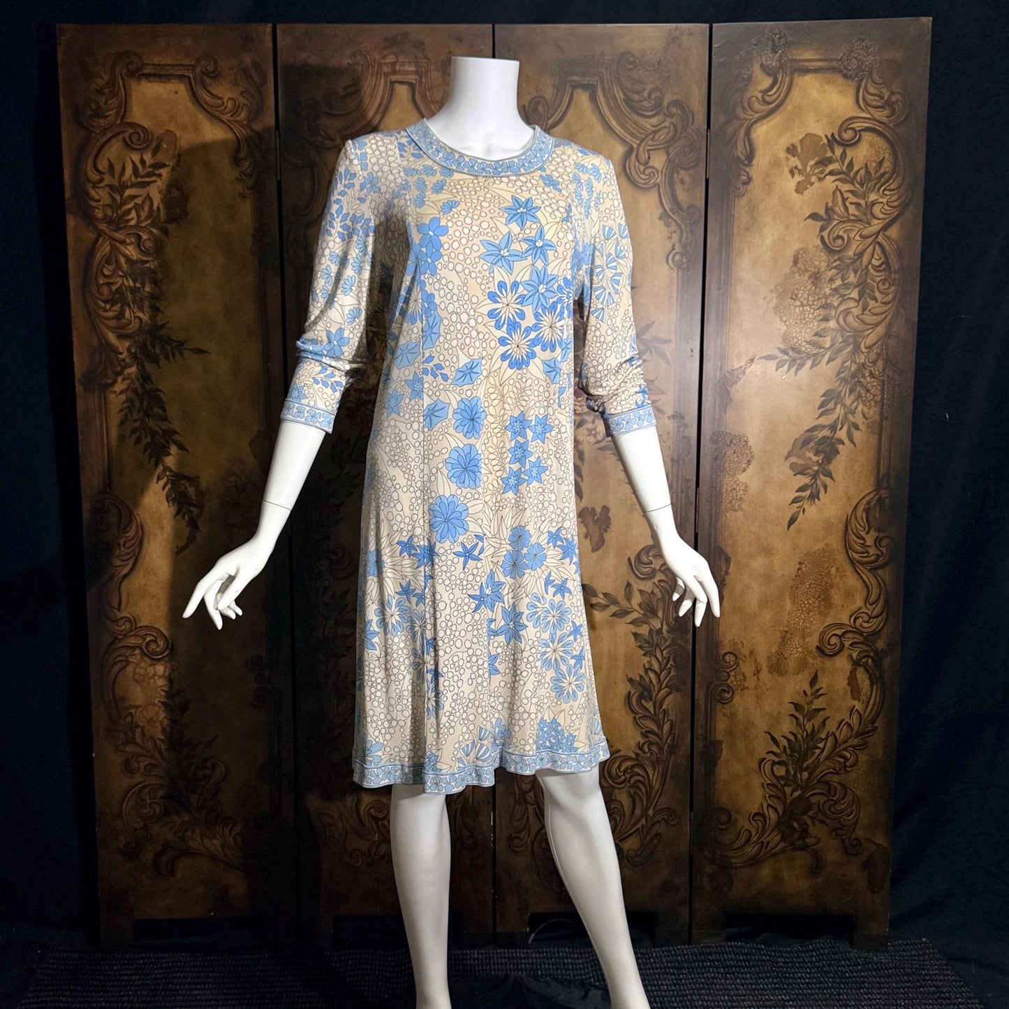 vintage Y2K AVERARDO BESSI Shift Dress, Blue silk abstract floral casual day work dress Medium