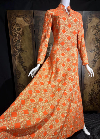 vintage 1960s evening dress, Neon Orange Metallic Mod acrylic maxi hostess dress
