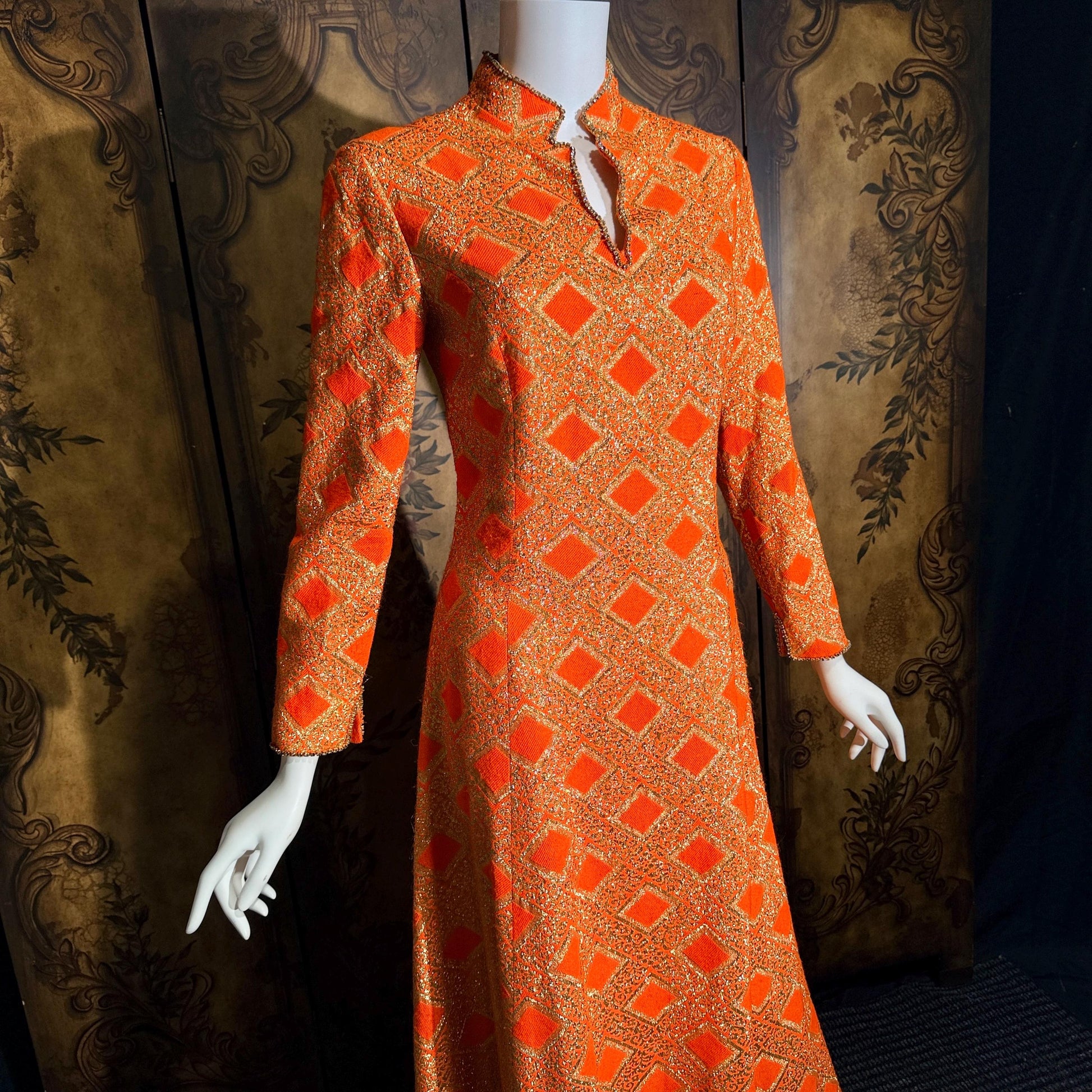 vintage 1960s evening dress, Neon Orange Metallic Mod acrylic maxi hostess dress