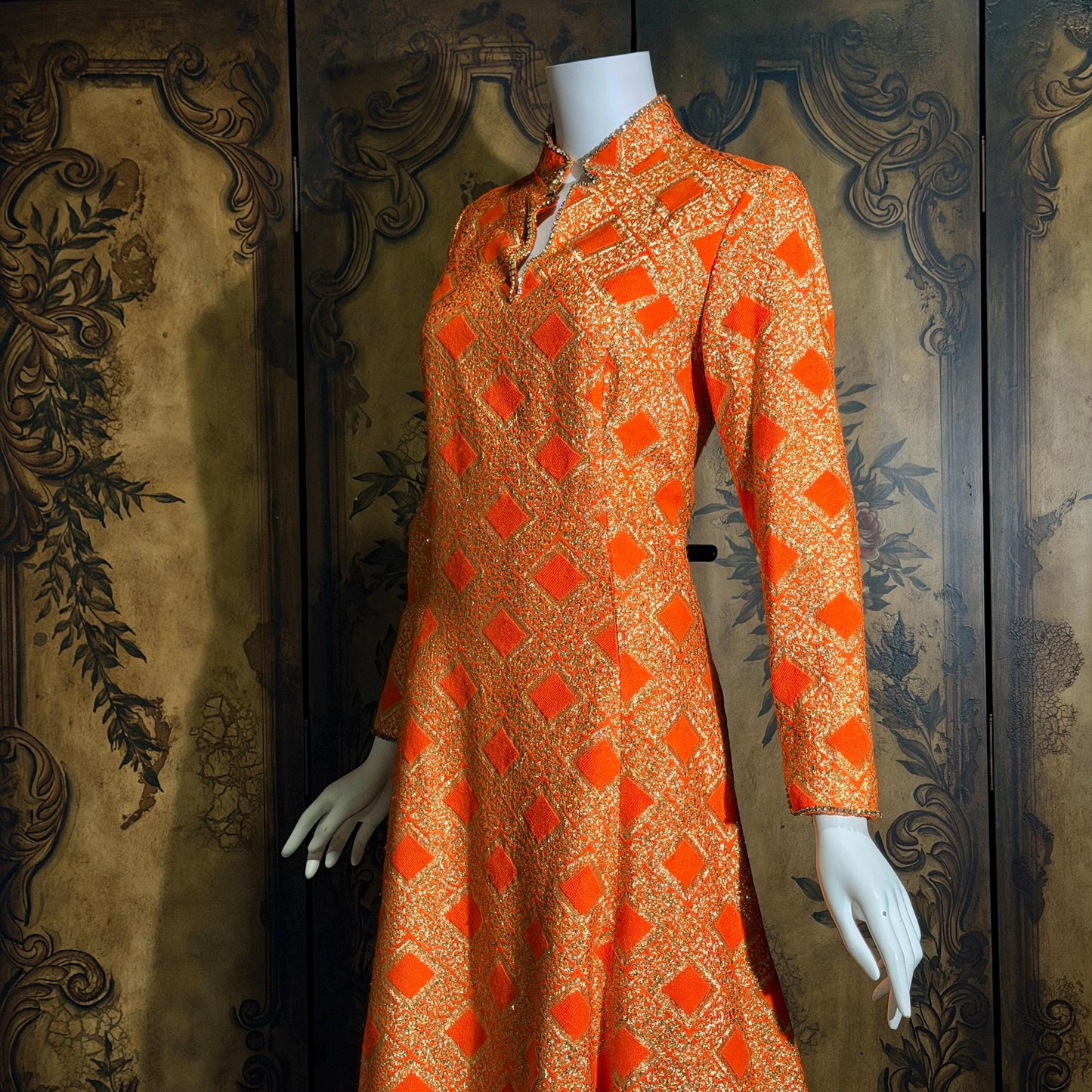 vintage 1960s evening dress, Neon Orange Metallic Mod acrylic maxi hostess dress
