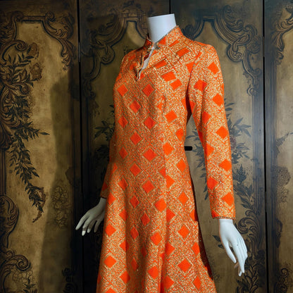 vintage 1960s evening dress, Neon Orange Metallic Mod acrylic maxi hostess dress
