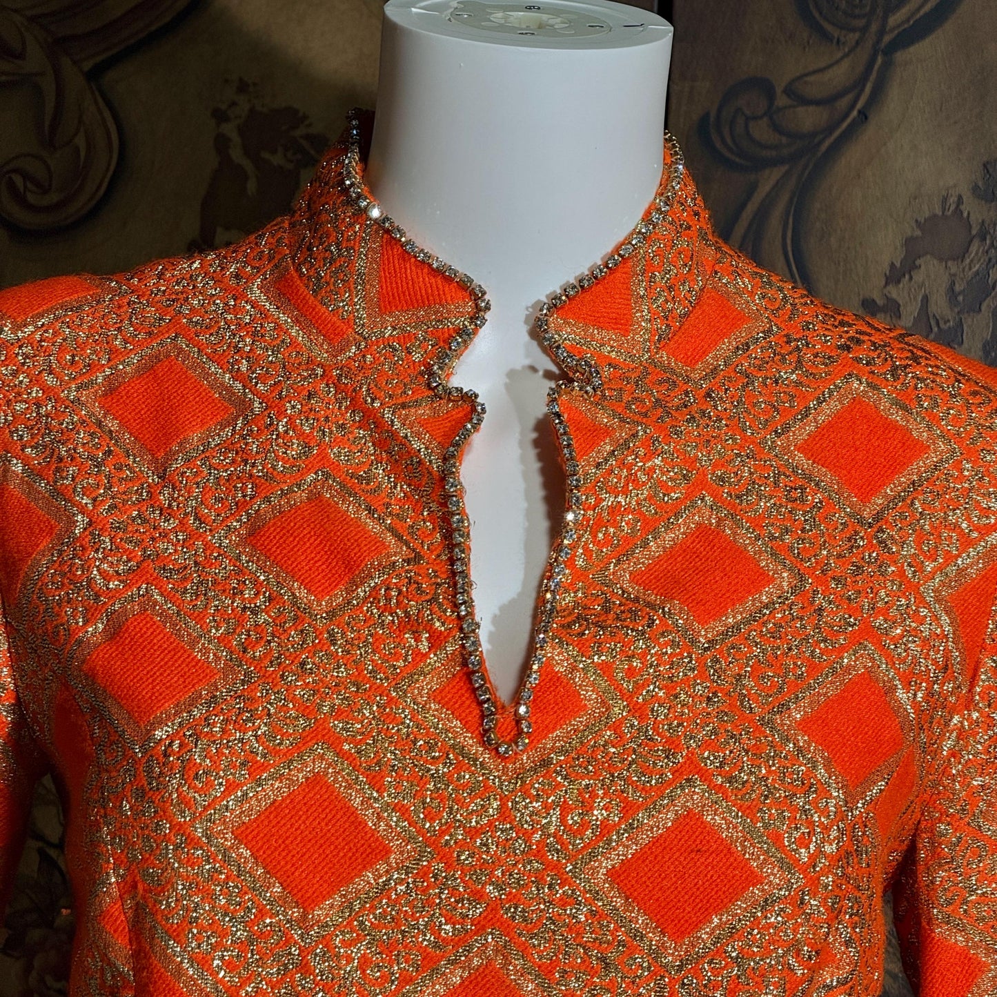 vintage 1960s evening dress, Neon Orange Metallic Mod acrylic maxi hostess dress