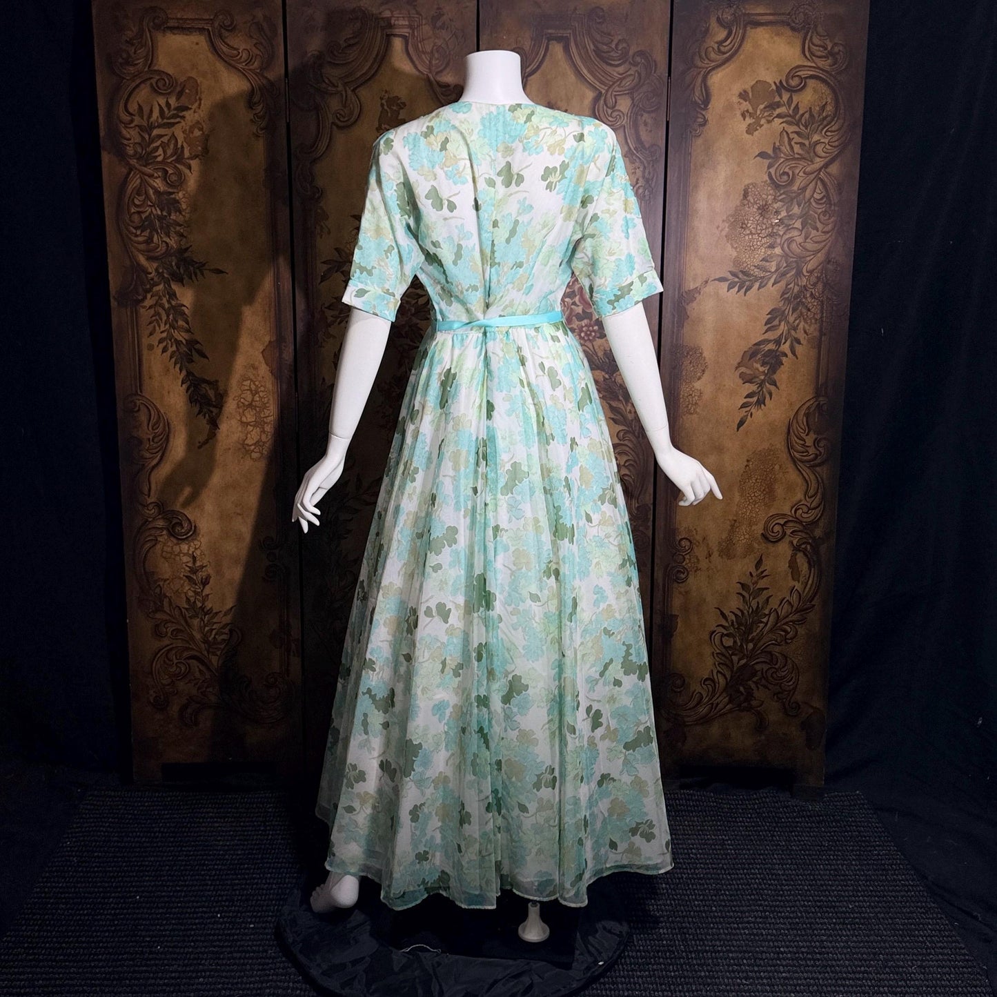 vintge 1950s dressing gown robe, ELIZABETH ARDEN Green floral zip front house hostess dress