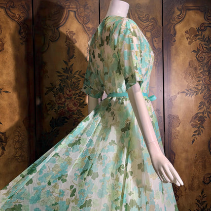 vintge 1950s dressing gown robe, ELIZABETH ARDEN Green floral zip front house hostess dress