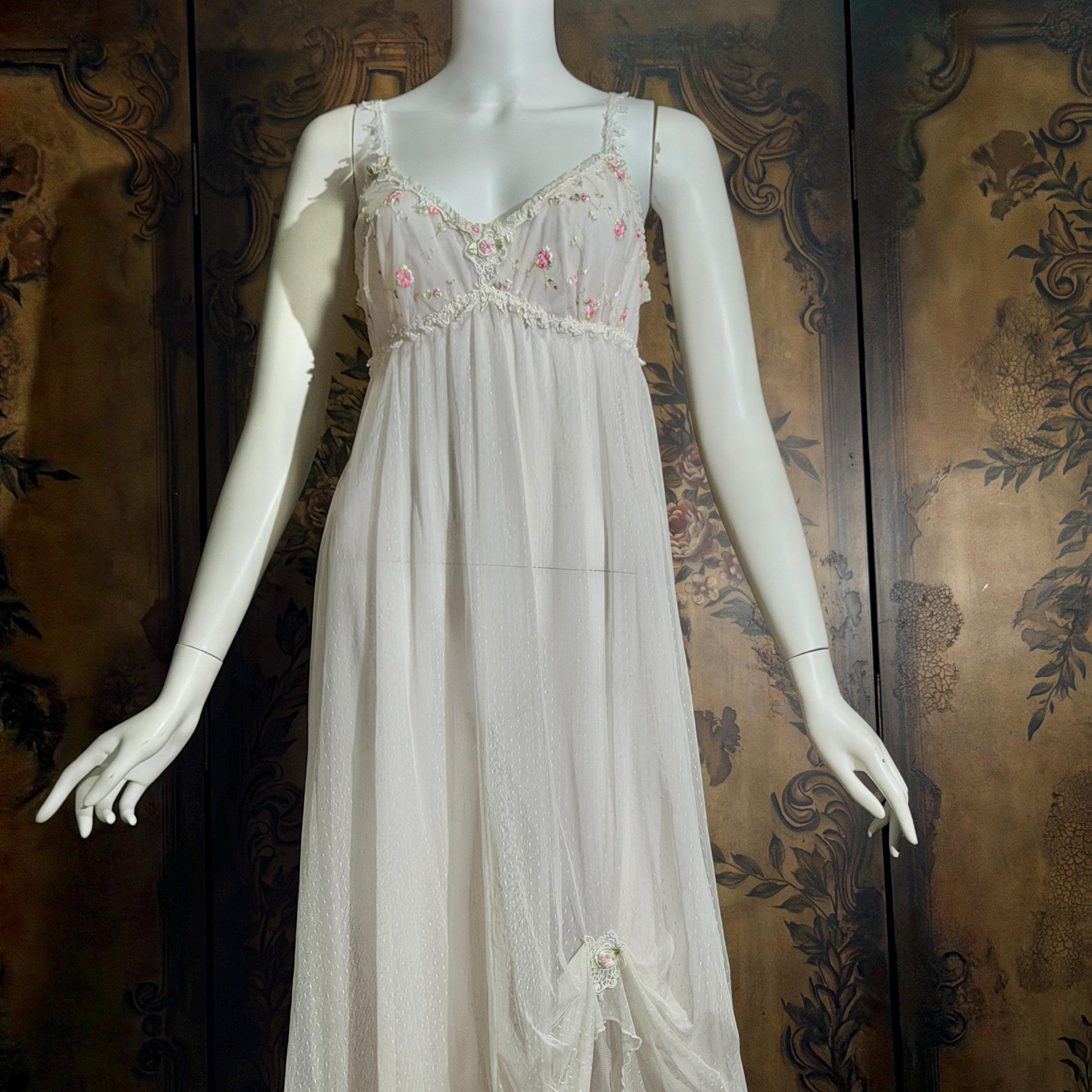 vintage CLAIRE PETTIBONE nightgown slip dress, Tiered Pink & White lace bridal wedding lingerie gown